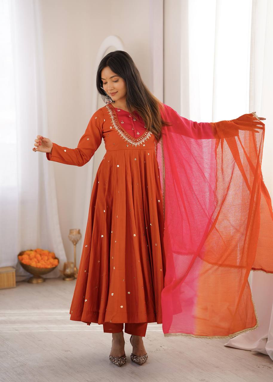 Elegant Embroidered Sequence With Real Mirror Designer Anarkali Three Piece Set