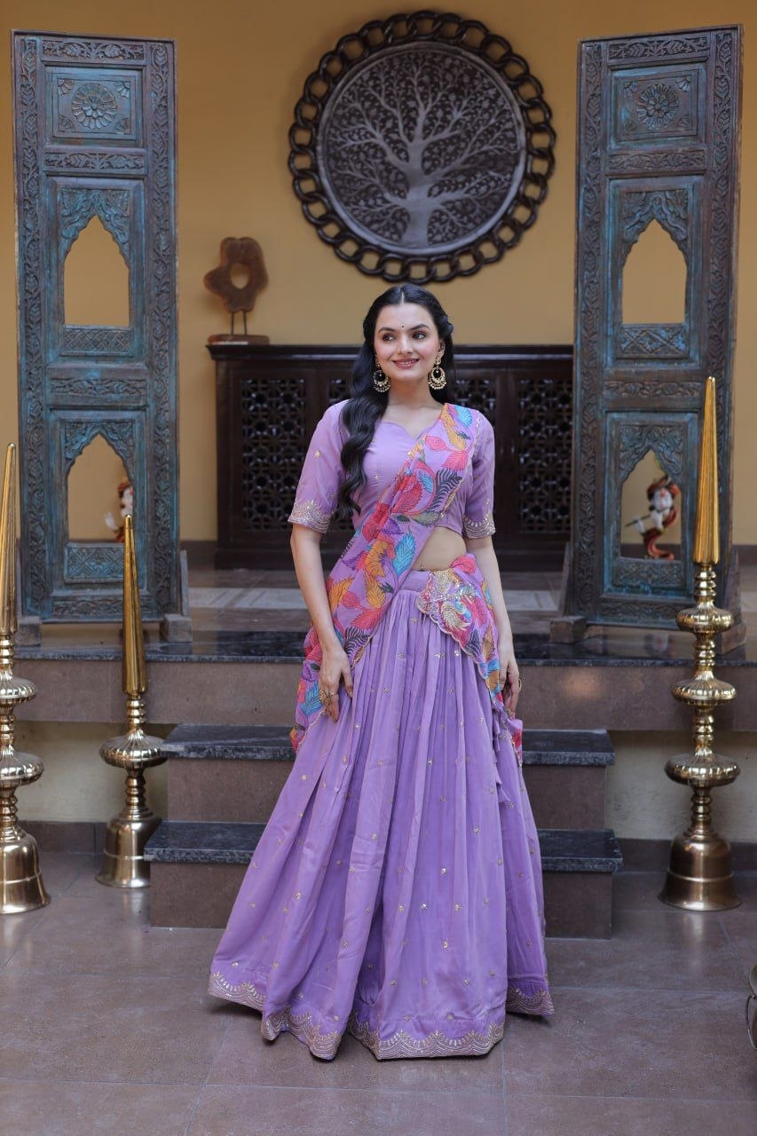 Beautifull Cosmos silk with Zari &nbsp;Sequins Embroidered work Lehenga Choli