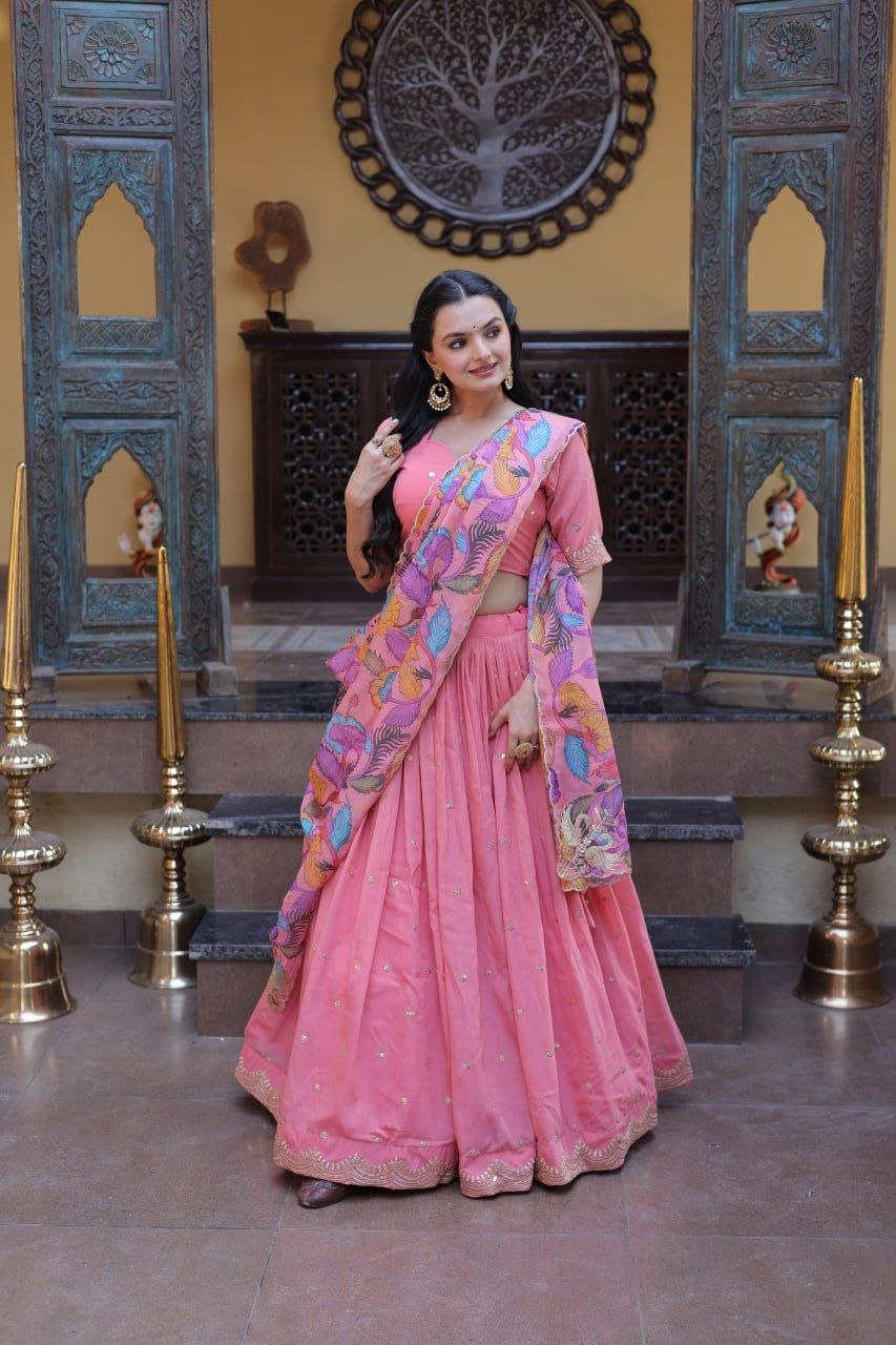 Beautifull Cosmos silk with Zari &nbsp;Sequins Embroidered work Lehenga Choli