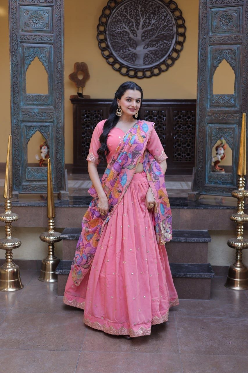 Beautifull Cosmos silk with Zari &nbsp;Sequins Embroidered work Lehenga Choli