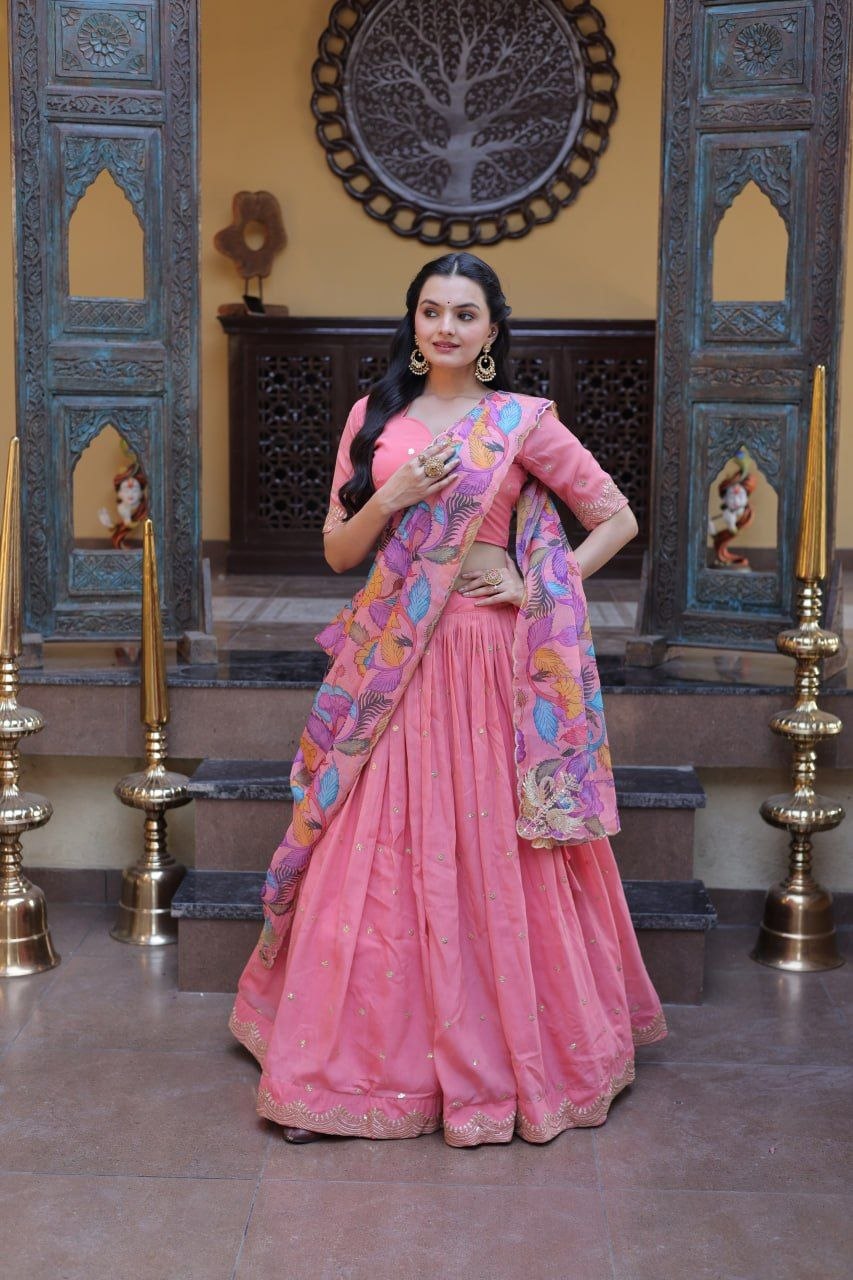 Beautifull Cosmos silk with Zari &nbsp;Sequins Embroidered work Lehenga Choli