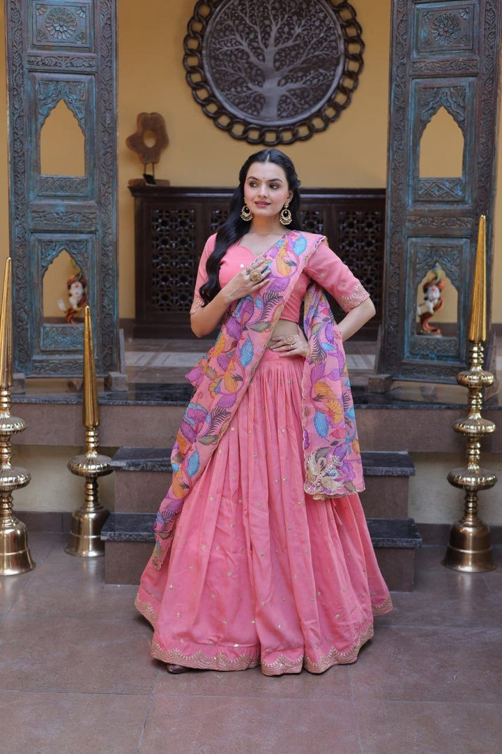 Beautifull Cosmos silk with Zari &nbsp;Sequins Embroidered work Lehenga Choli