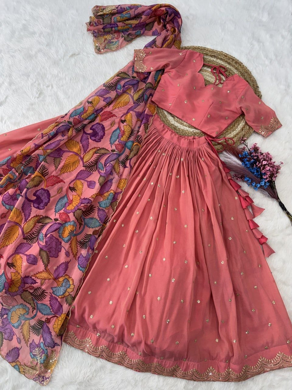 Beautifull Cosmos silk with Zari &nbsp;Sequins Embroidered work Lehenga Choli