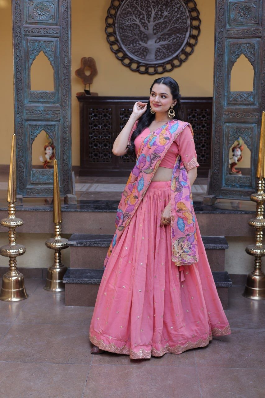 Beautifull Cosmos silk with Zari &nbsp;Sequins Embroidered work Lehenga Choli