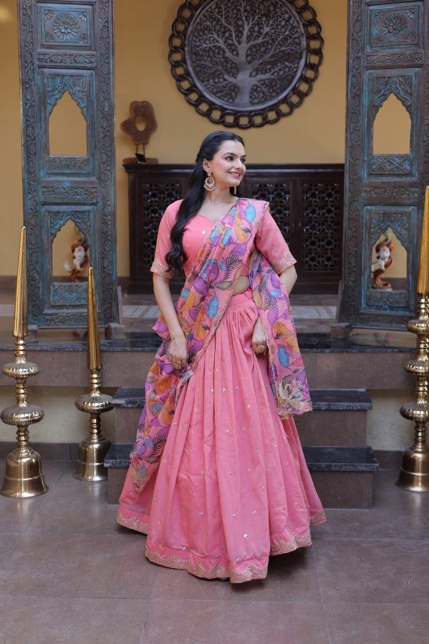 Beautifull Cosmos silk with Zari &nbsp;Sequins Embroidered work Lehenga Choli
