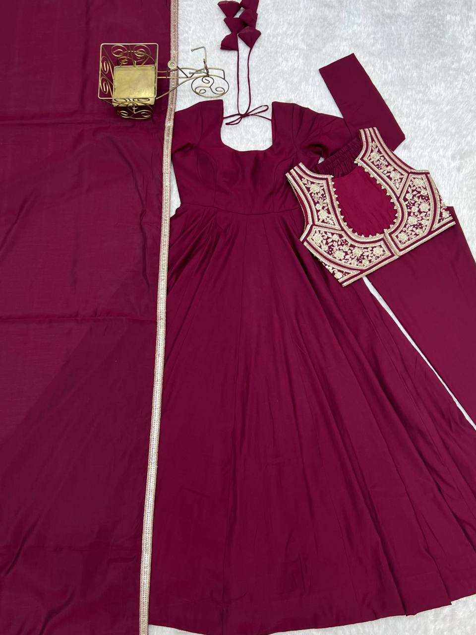 Pure Roman Silk Chanderi Flared Anarkali Gown Set with Fancy Jacket, Pant & Dupatta