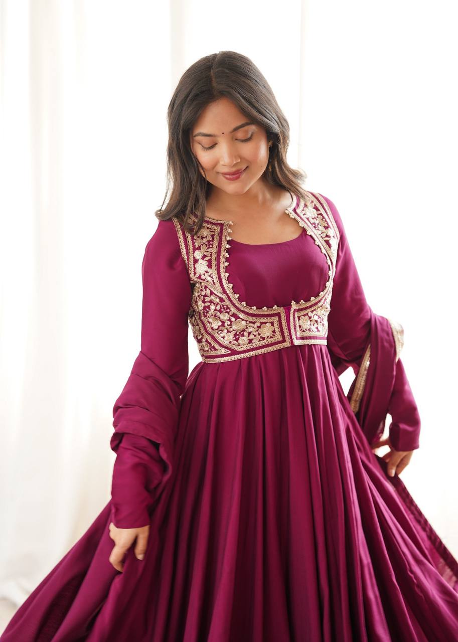Pure Roman Silk Chanderi Flared Anarkali Gown Set with Fancy Jacket, Pant & Dupatta