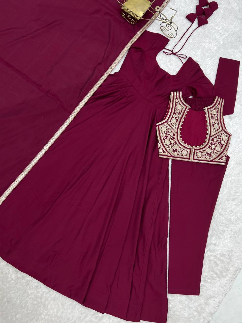 Pure Roman Silk Chanderi Flared Anarkali Gown Set with Fancy Jacket, Pant & Dupatta