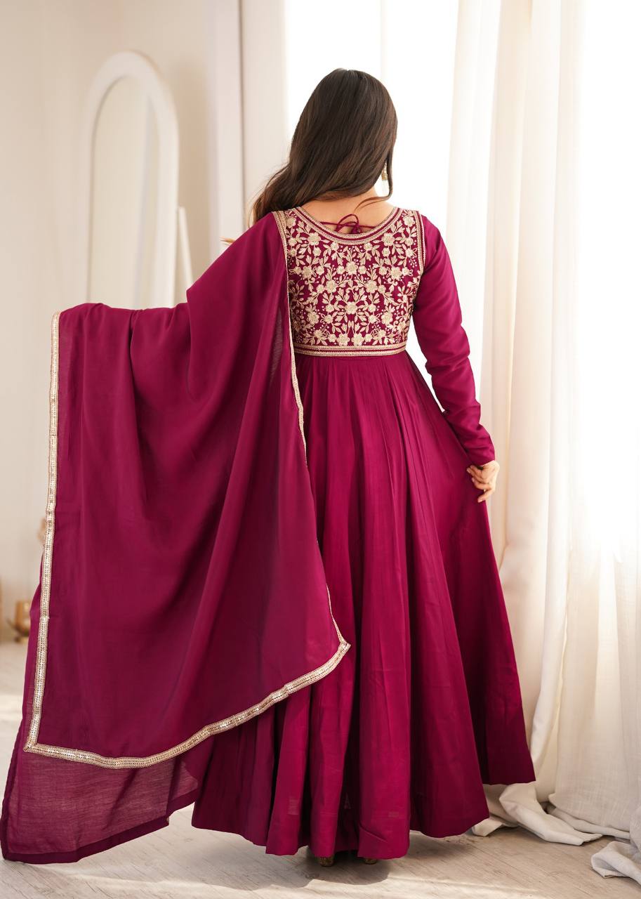 Pure Roman Silk Chanderi Flared Anarkali Gown Set with Fancy Jacket, Pant & Dupatta