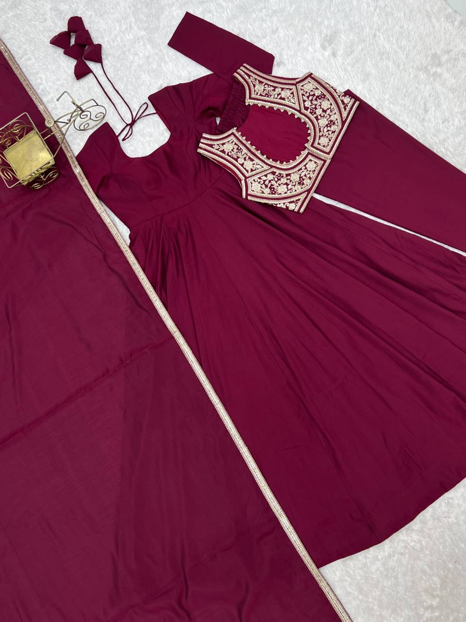 Pure Roman Silk Chanderi Flared Anarkali Gown Set with Fancy Jacket, Pant & Dupatta