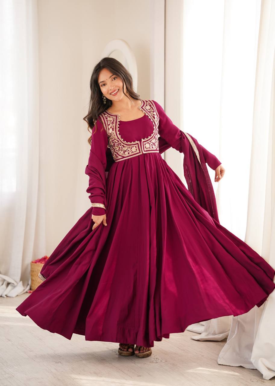 Pure Roman Silk Chanderi Flared Anarkali Gown Set with Fancy Jacket, Pant & Dupatta