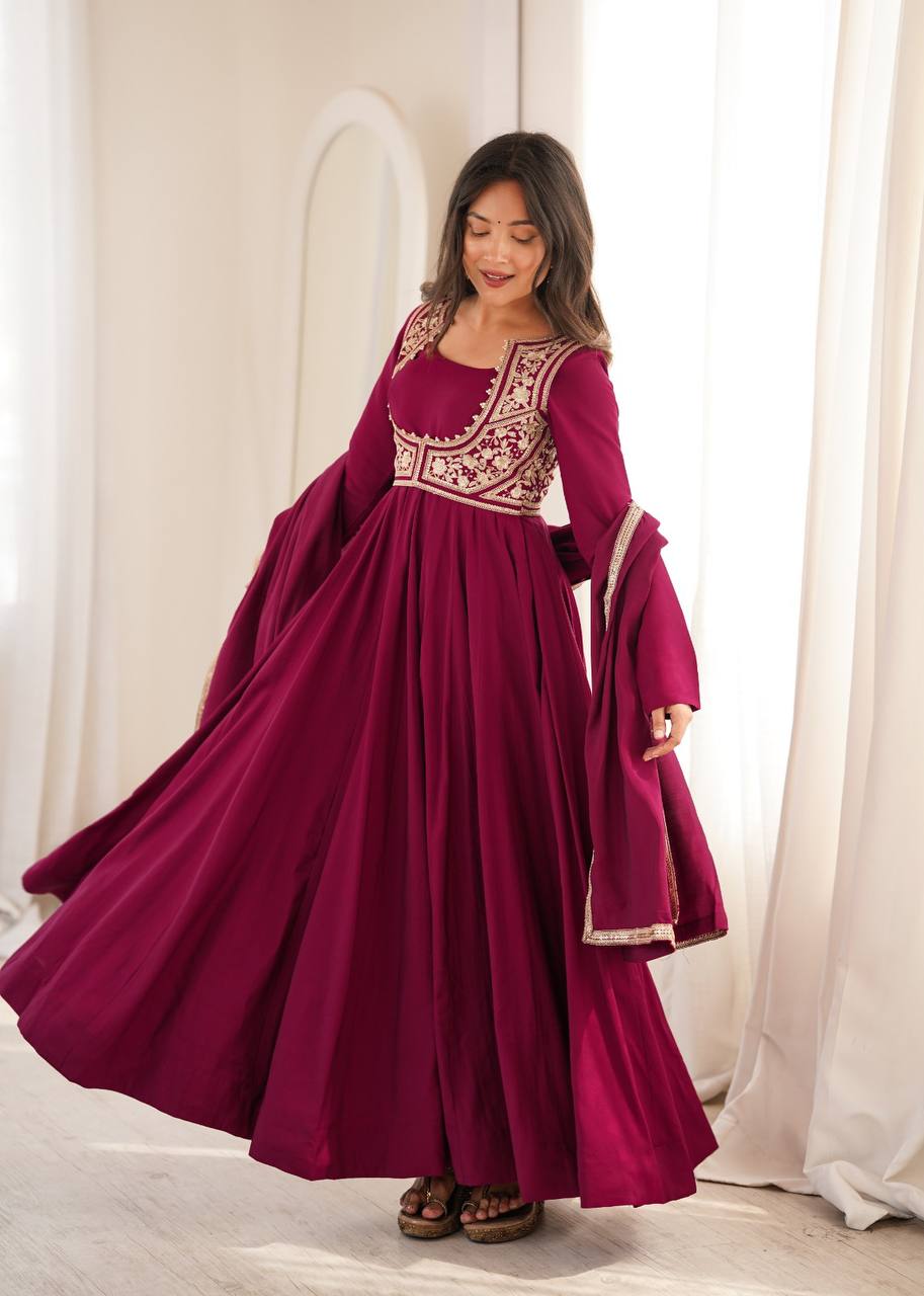Pure Roman Silk Chanderi Flared Anarkali Gown Set with Fancy Jacket, Pant & Dupatta