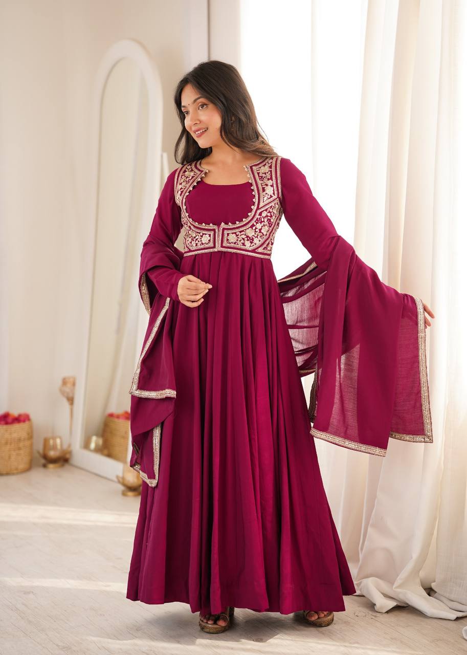 Pure Roman Silk Chanderi Flared Anarkali Gown Set with Fancy Jacket, Pant & Dupatta