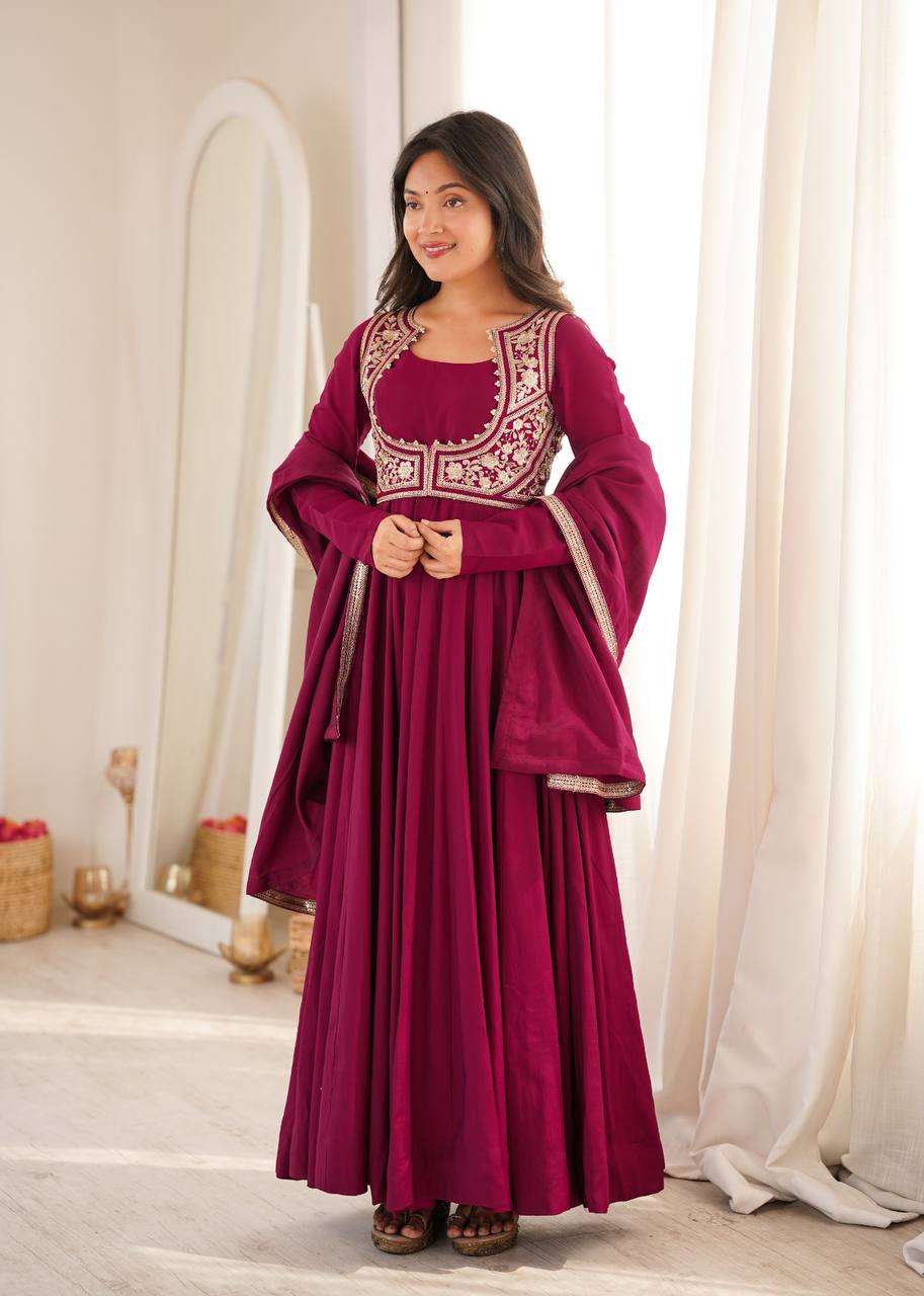 Pure Roman Silk Chanderi Flared Anarkali Gown Set with Fancy Jacket, Pant & Dupatta