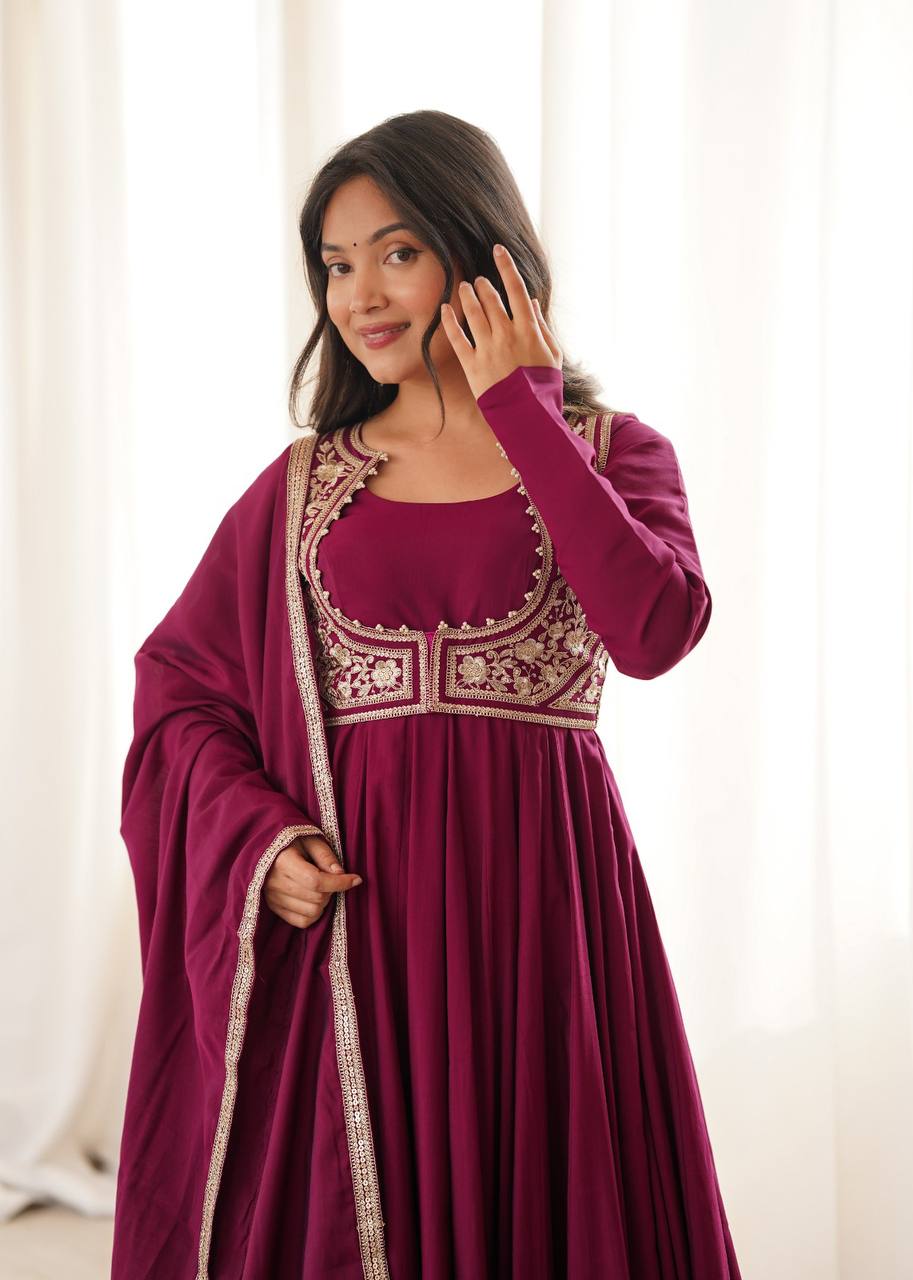 Pure Roman Silk Chanderi Flared Anarkali Gown Set with Fancy Jacket, Pant & Dupatta