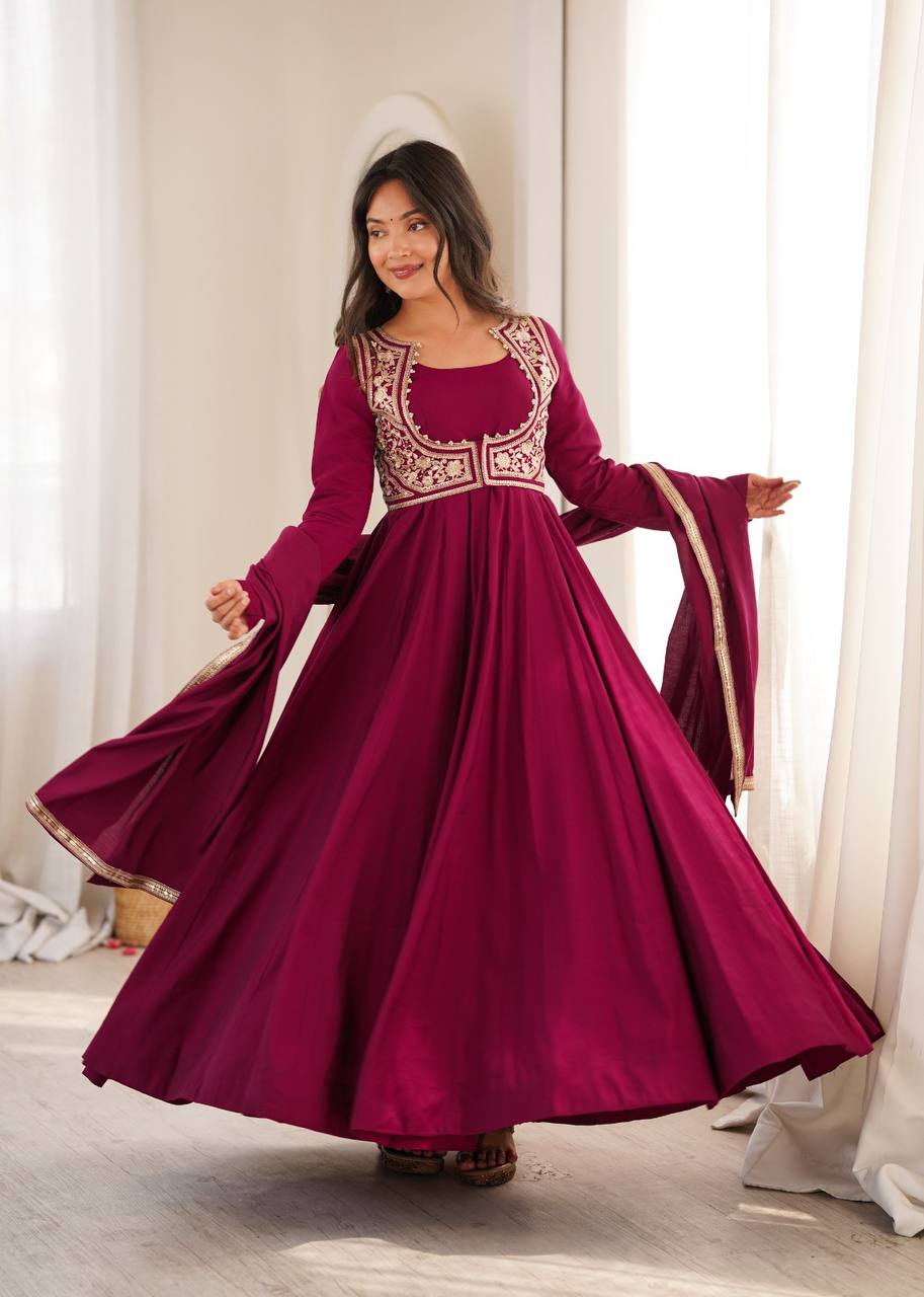 Pure Roman Silk Chanderi Flared Anarkali Gown Set with Fancy Jacket, Pant & Dupatta