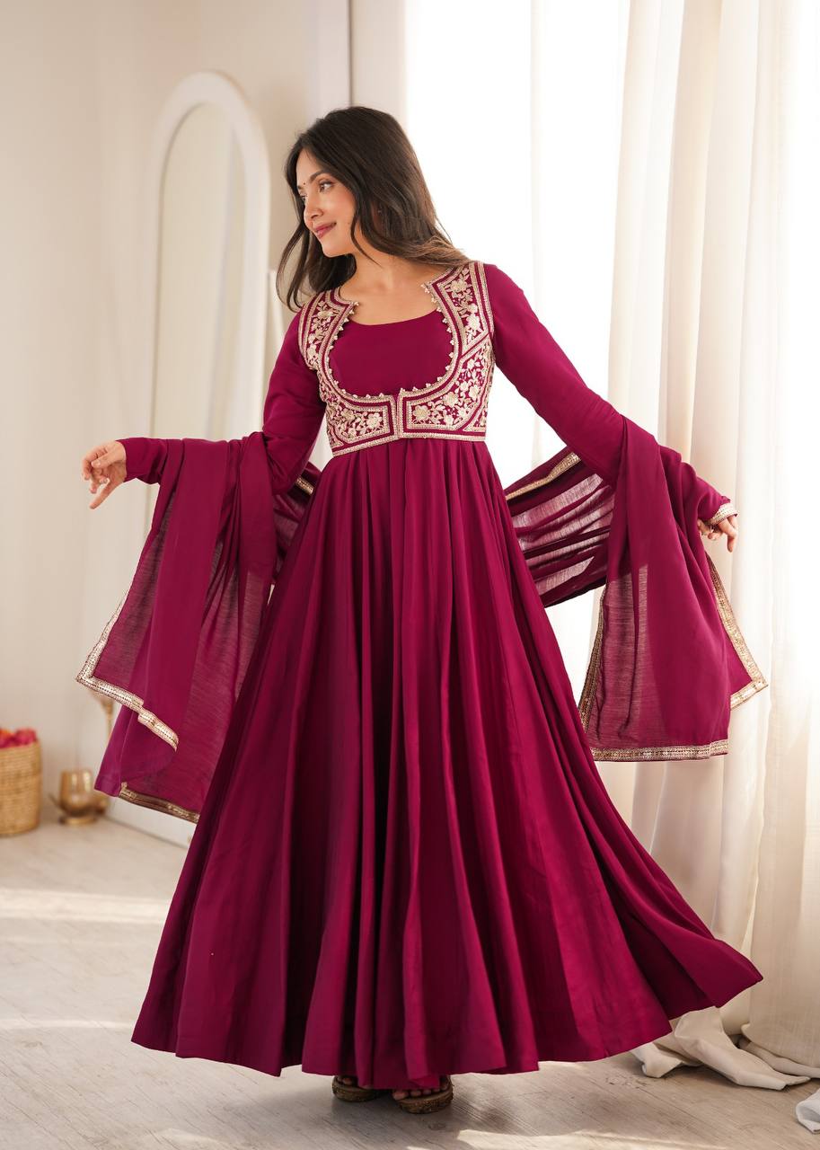 Pure Roman Silk Chanderi Flared Anarkali Gown Set with Fancy Jacket, Pant & Dupatta