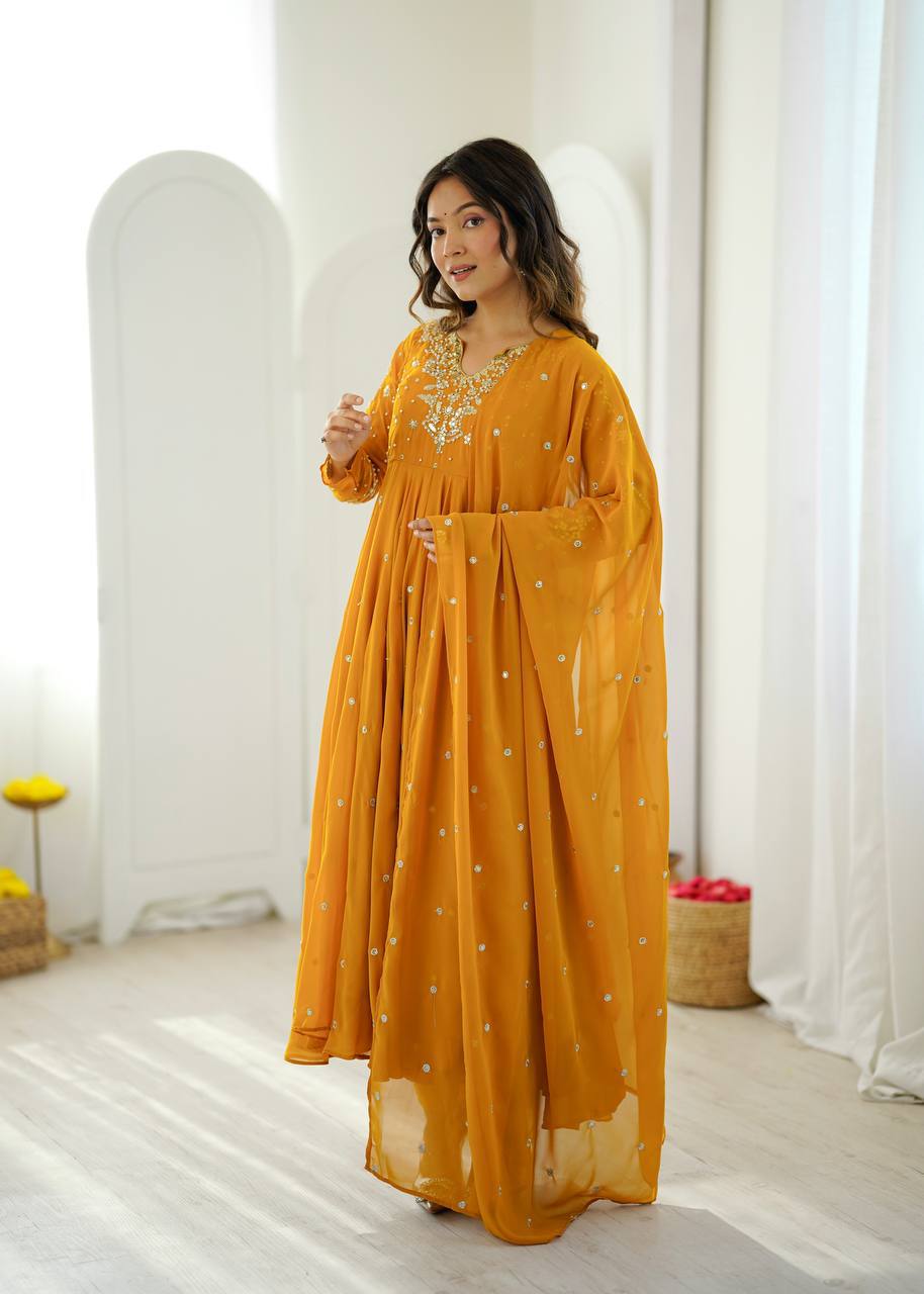 Heavy Faux Georgette Embroidered Flared Gown Set with Elastic Pant & Dupatta
