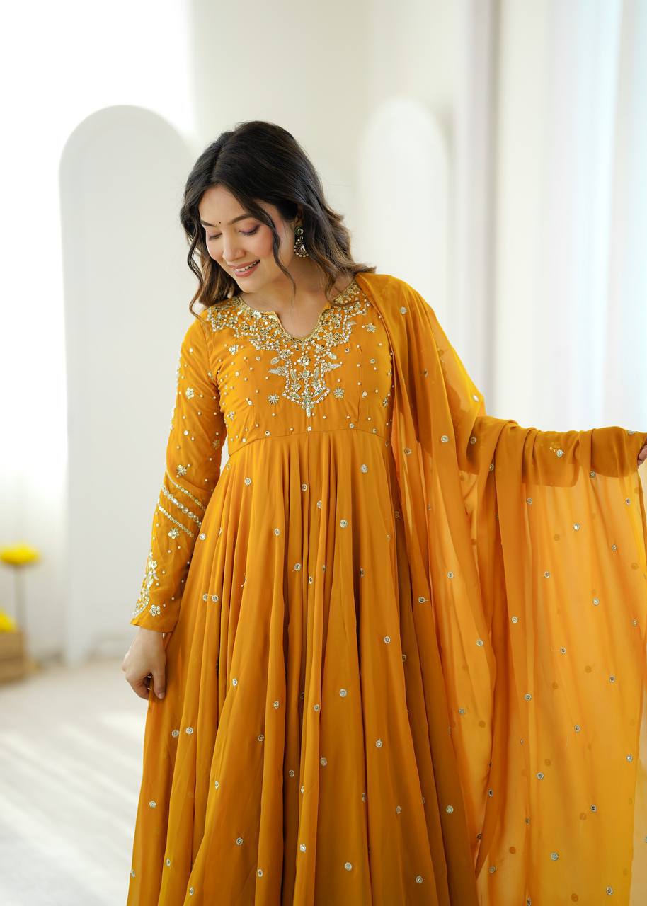 Heavy Faux Georgette Embroidered Flared Gown Set with Elastic Pant & Dupatta