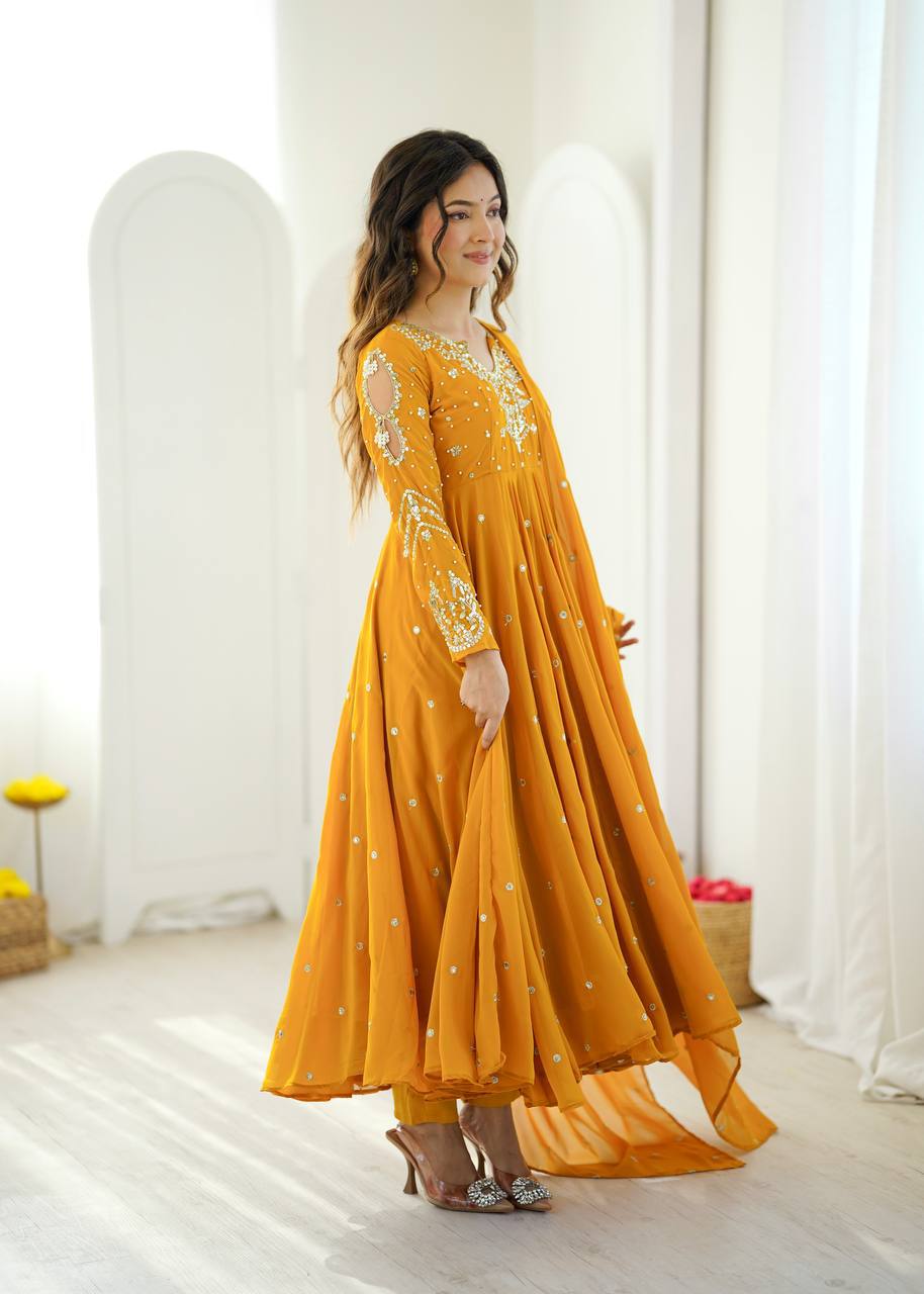 Heavy Faux Georgette Embroidered Flared Gown Set with Elastic Pant & Dupatta