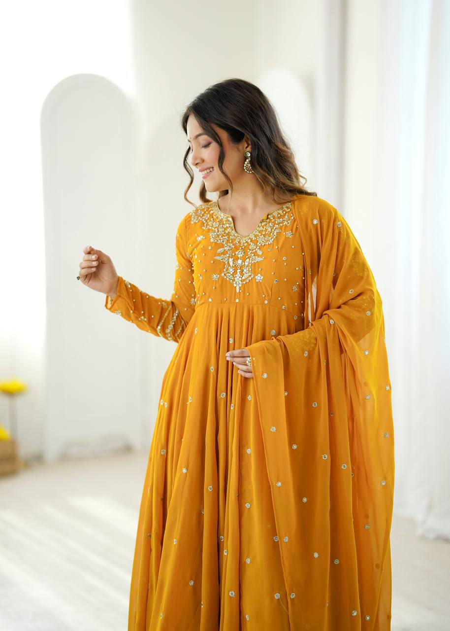 Heavy Faux Georgette Embroidered Flared Gown Set with Elastic Pant & Dupatta