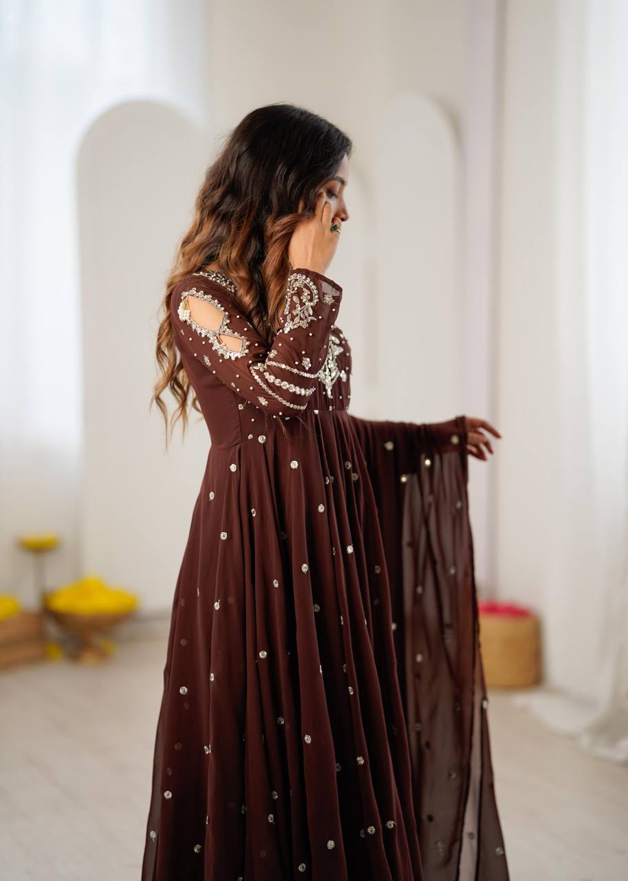 Heavy Faux Georgette Embroidered Flared Gown Set with Elastic Pant & Dupatta