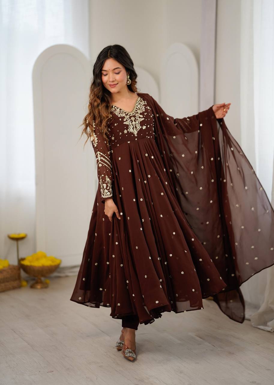 Heavy Faux Georgette Embroidered Flared Gown Set with Elastic Pant & Dupatta