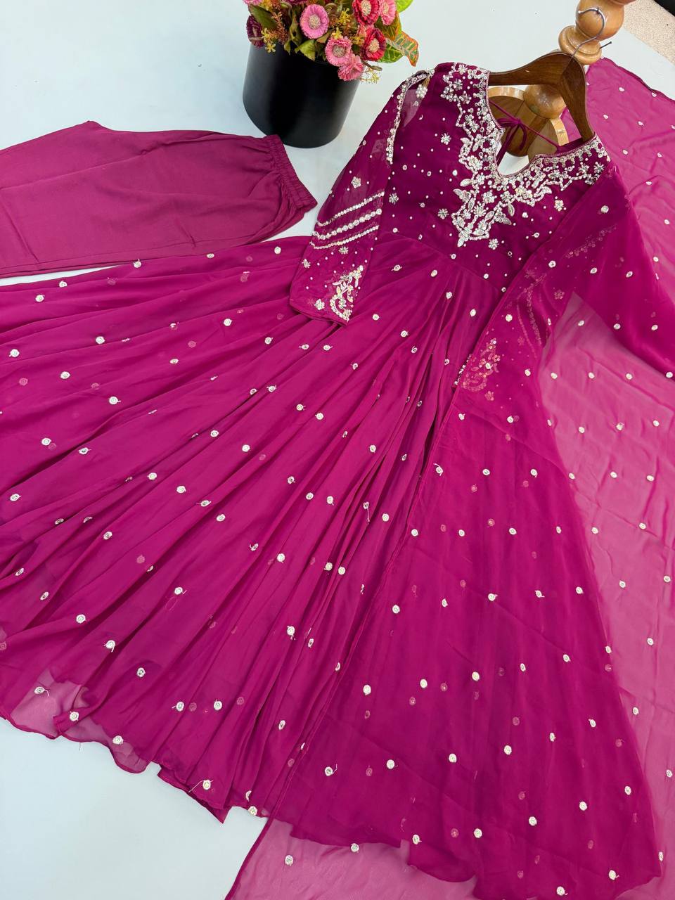 Heavy Faux Georgette Embroidered Flared Gown Set with Elastic Pant & Dupatta