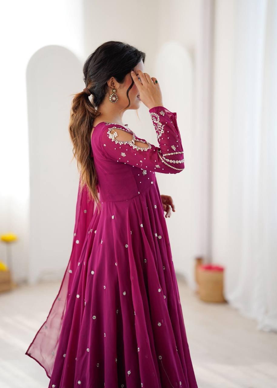Heavy Faux Georgette Embroidered Flared Gown Set with Elastic Pant & Dupatta