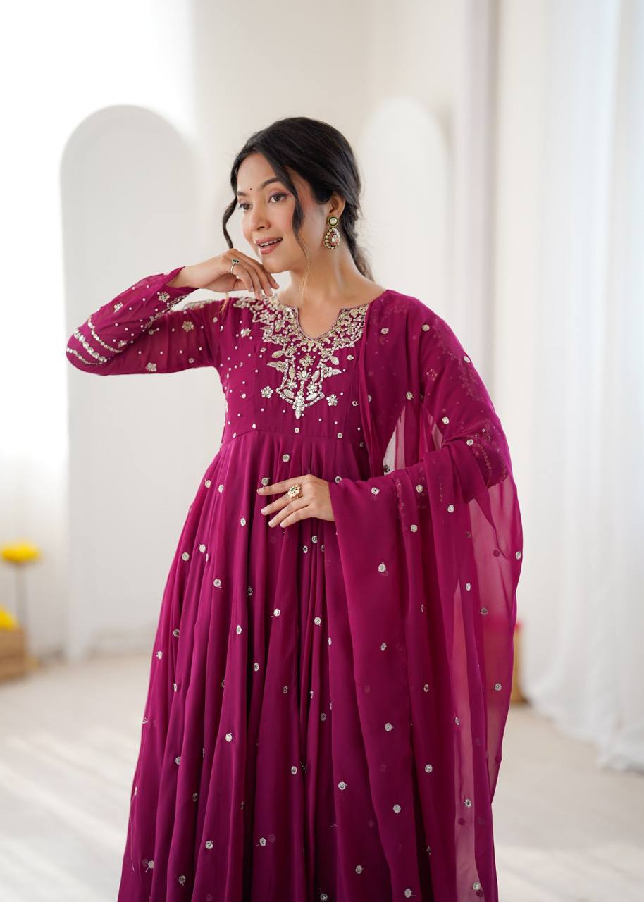 Heavy Faux Georgette Embroidered Flared Gown Set with Elastic Pant & Dupatta