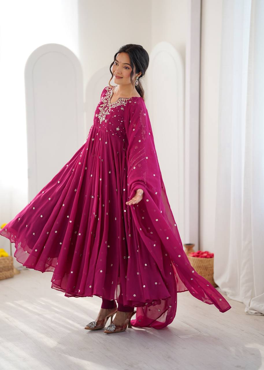 Heavy Faux Georgette Embroidered Flared Gown Set with Elastic Pant & Dupatta