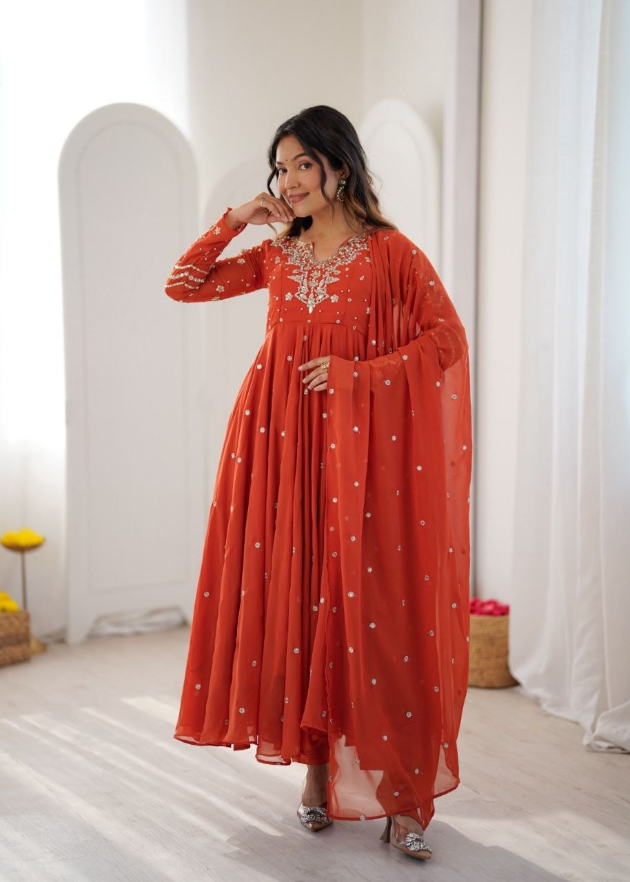 Heavy Faux Georgette Embroidered Flared Gown Set with Elastic Pant & Dupatta
