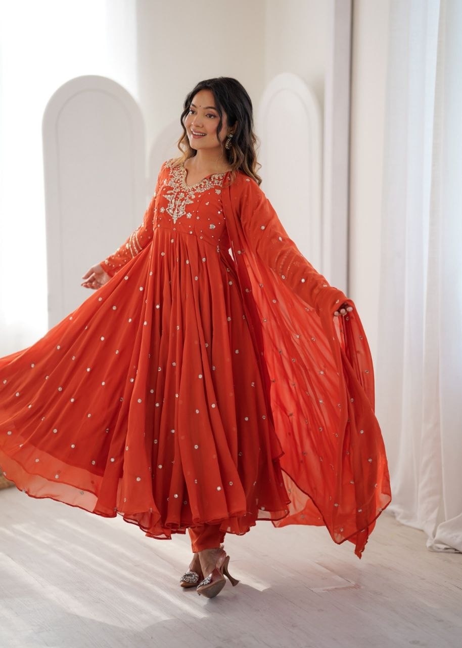 Heavy Faux Georgette Embroidered Flared Gown Set with Elastic Pant & Dupatta