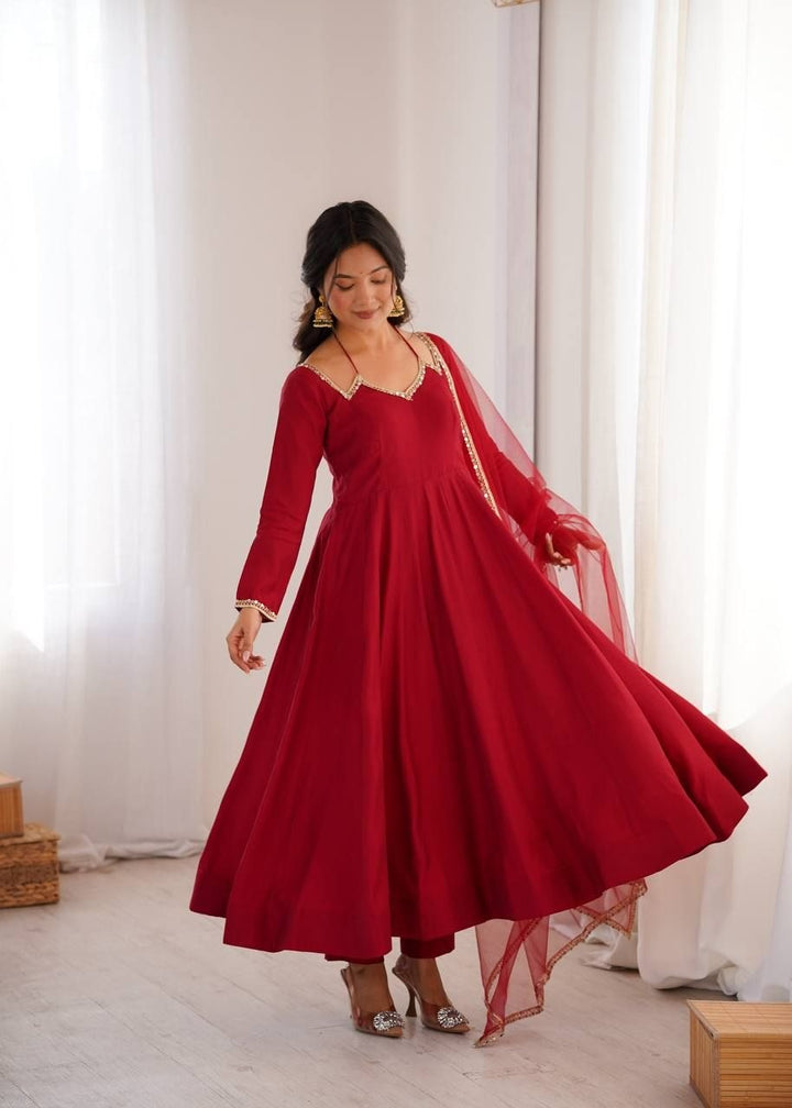 Roman Silk Fabric With Embroidery Sequence Anakali Gown With Duppata And Pent