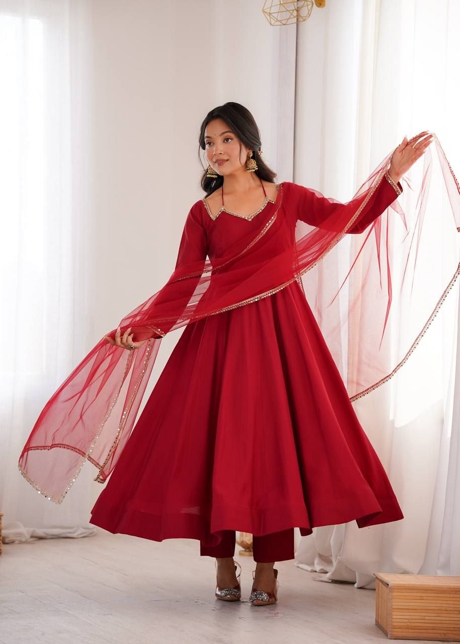 Roman Silk Fabric With Embroidery Sequence Anakali Gown With Duppata And Pent