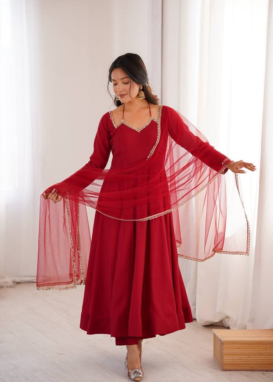 Roman Silk Fabric With Embroidery Sequence Anakali Gown With Duppata And Pent