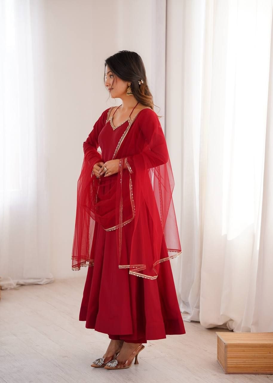 Roman Silk Fabric With Embroidery Sequence Anakali Gown With Duppata And Pent