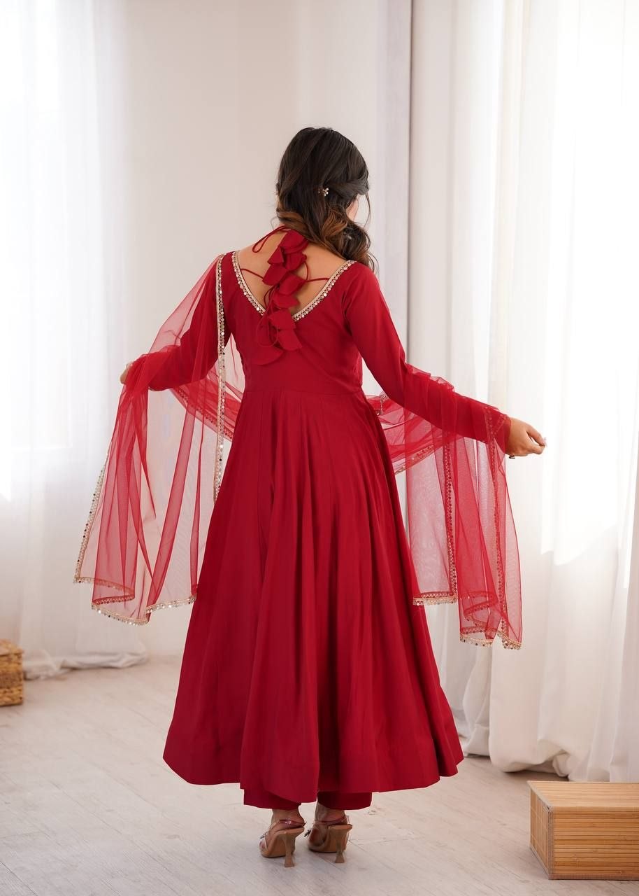 Roman Silk Fabric With Embroidery Sequence Anakali Gown With Duppata And Pent