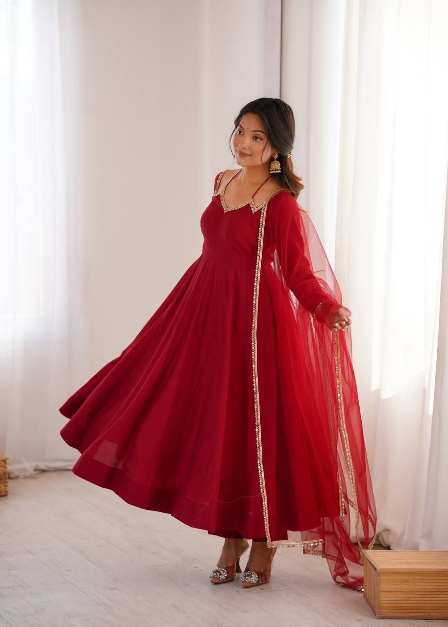 Roman Silk Fabric With Embroidery Sequence Anakali Gown With Duppata And Pent