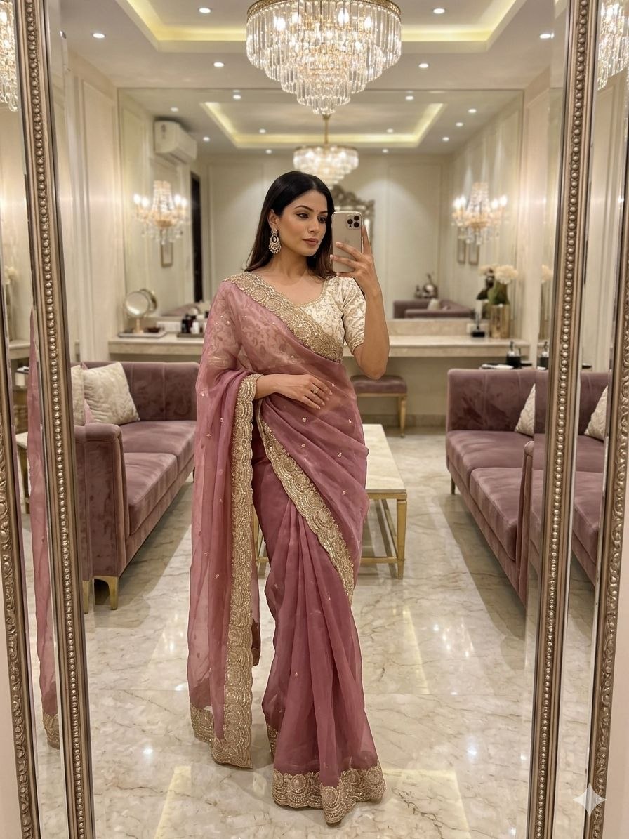 Party Wear Soft space silk  Satin Saree with heavy embroidery sequence Work Sare
