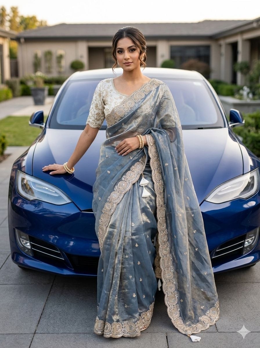 Party Wear Soft space silk  Satin Saree with heavy embroidery sequence Work Sare