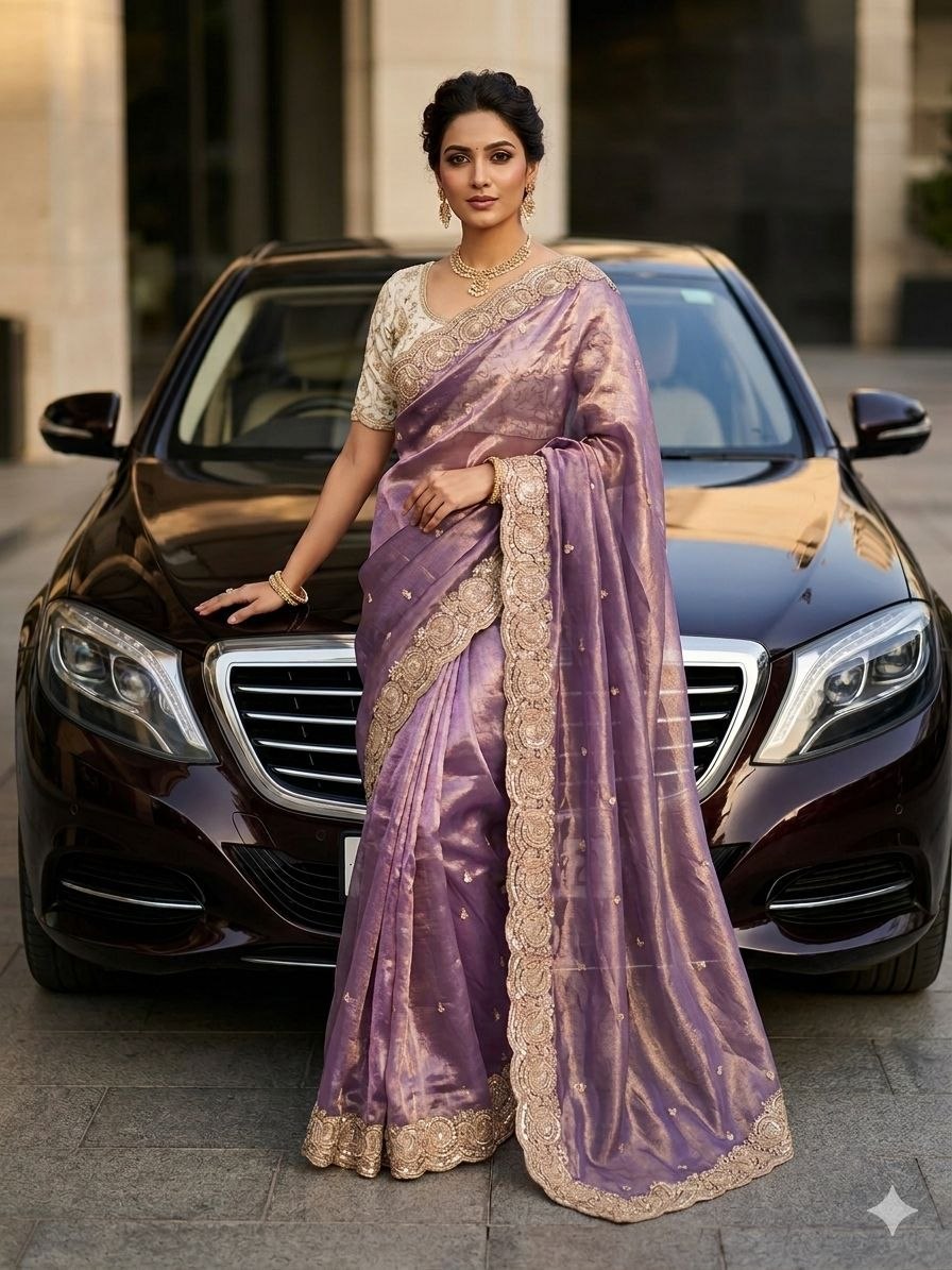 Party Wear Soft space silk  Satin Saree with heavy embroidery sequence Work Sare