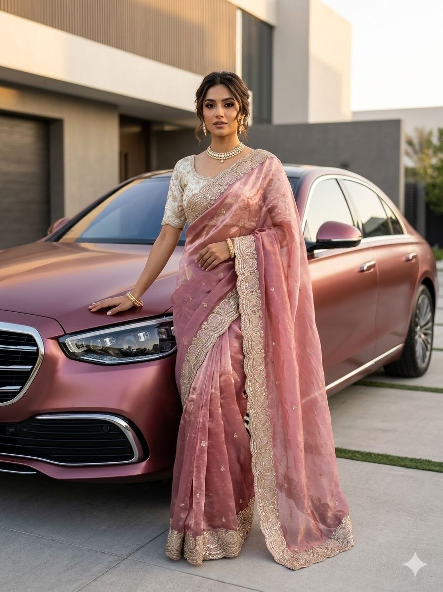 Party Wear Soft space silk  Satin Saree with heavy embroidery sequence Work Sare