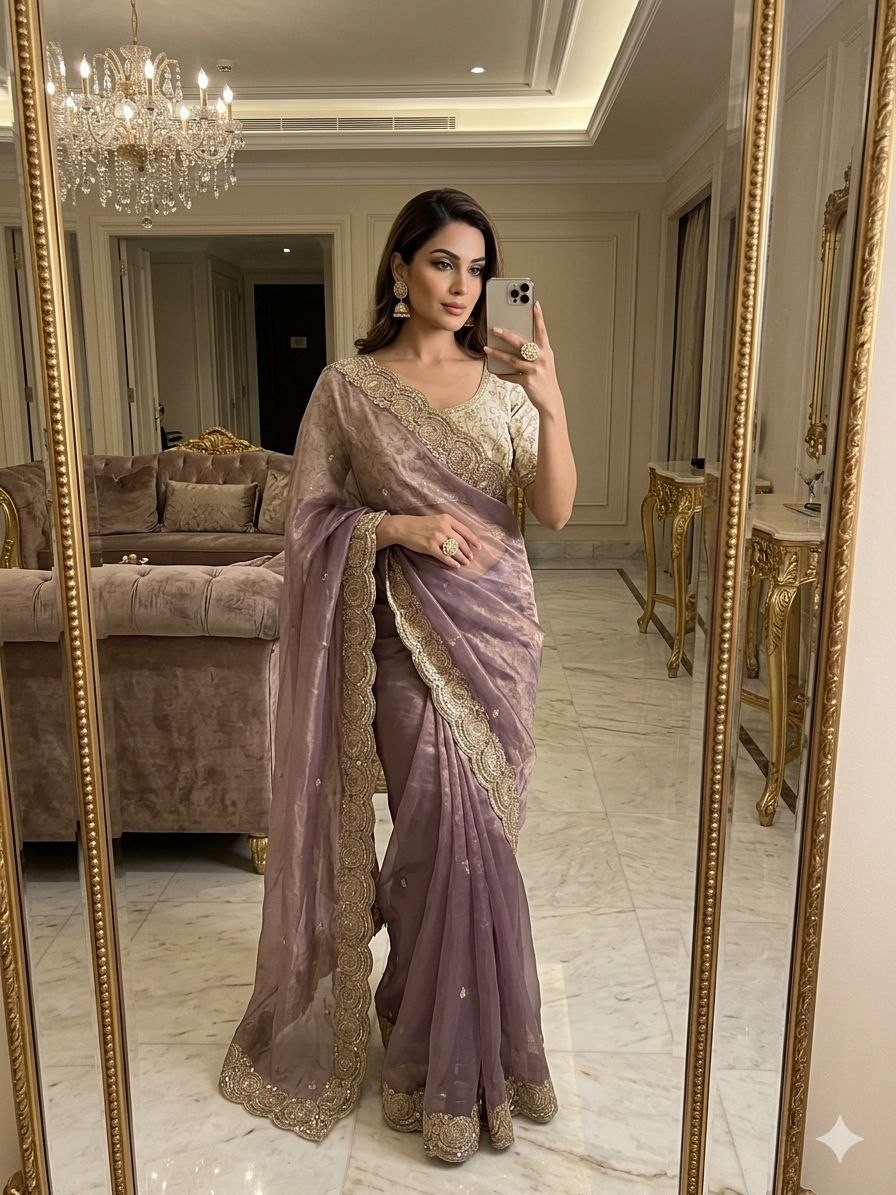 Party Wear Soft space silk  Satin Saree with heavy embroidery sequence Work Sare