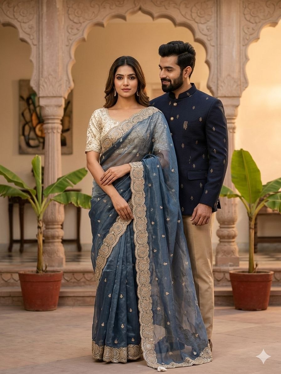 Party Wear Soft space silk  Satin Saree with heavy embroidery sequence Work Sare
