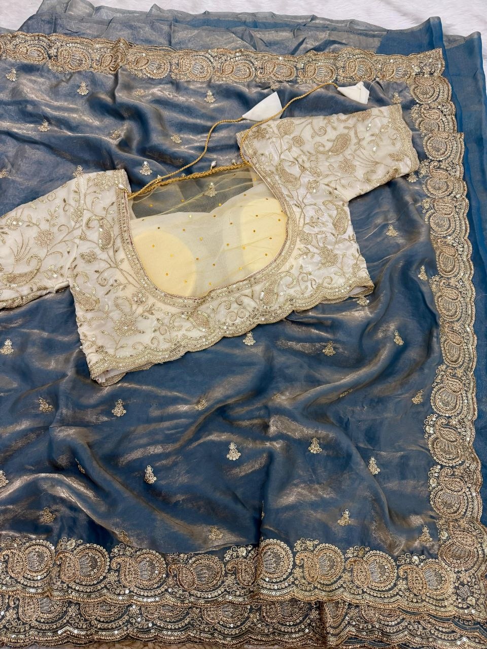 Party Wear Soft space silk  Satin Saree with heavy embroidery sequence Work Sare
