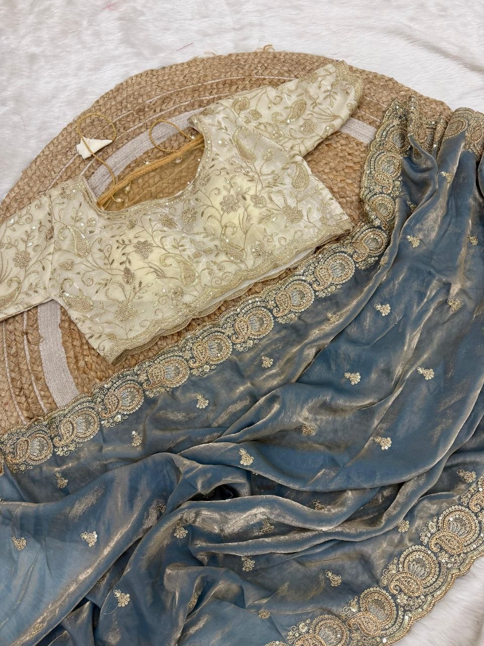 Party Wear Soft space silk  Satin Saree with heavy embroidery sequence Work Sare