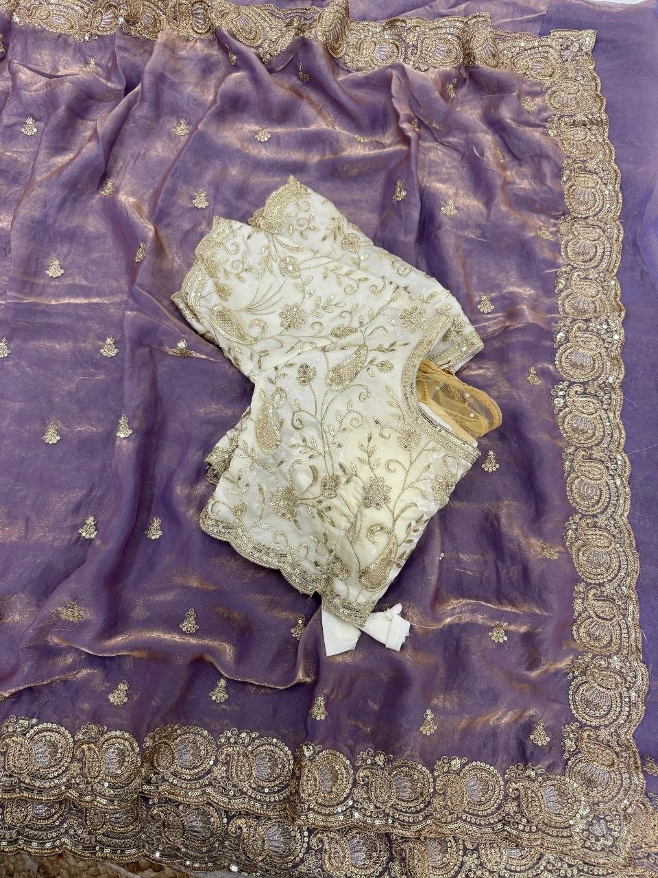 Party Wear Soft space silk  Satin Saree with heavy embroidery sequence Work Sare