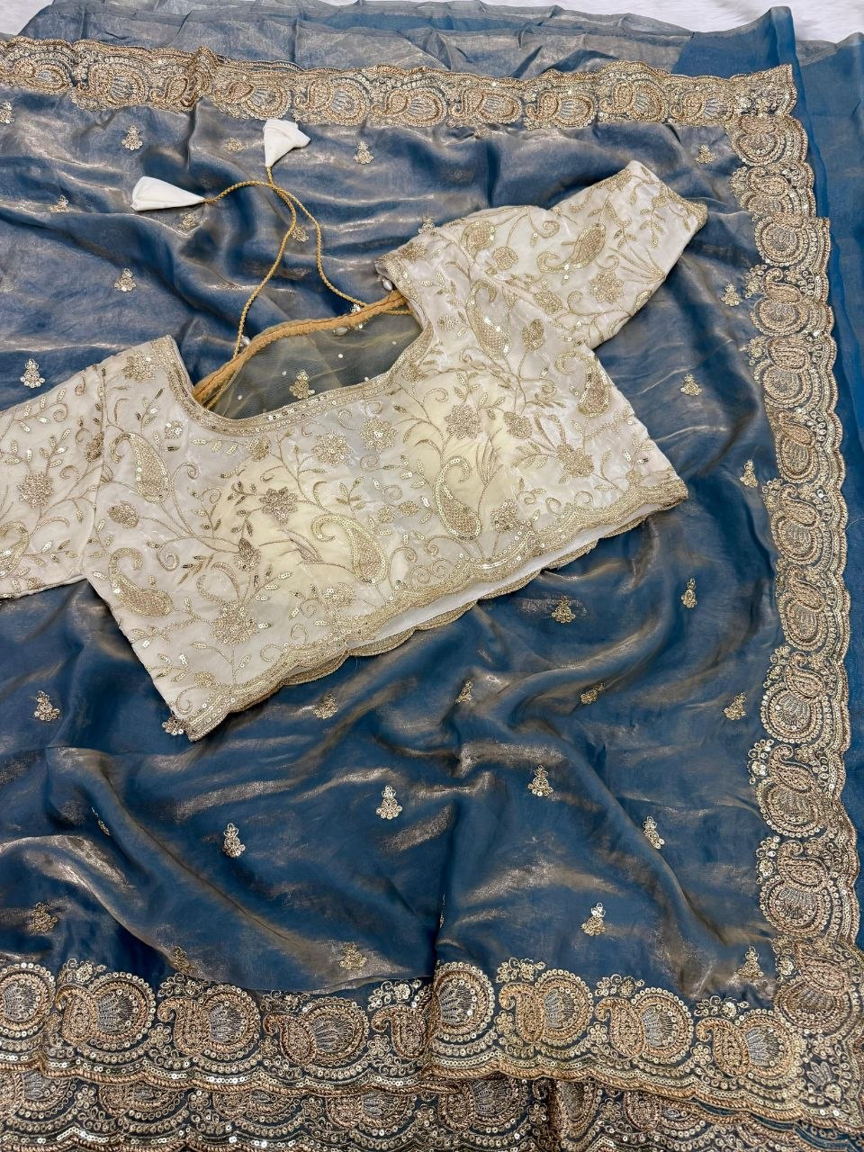 Party Wear Soft space silk  Satin Saree with heavy embroidery sequence Work Sare