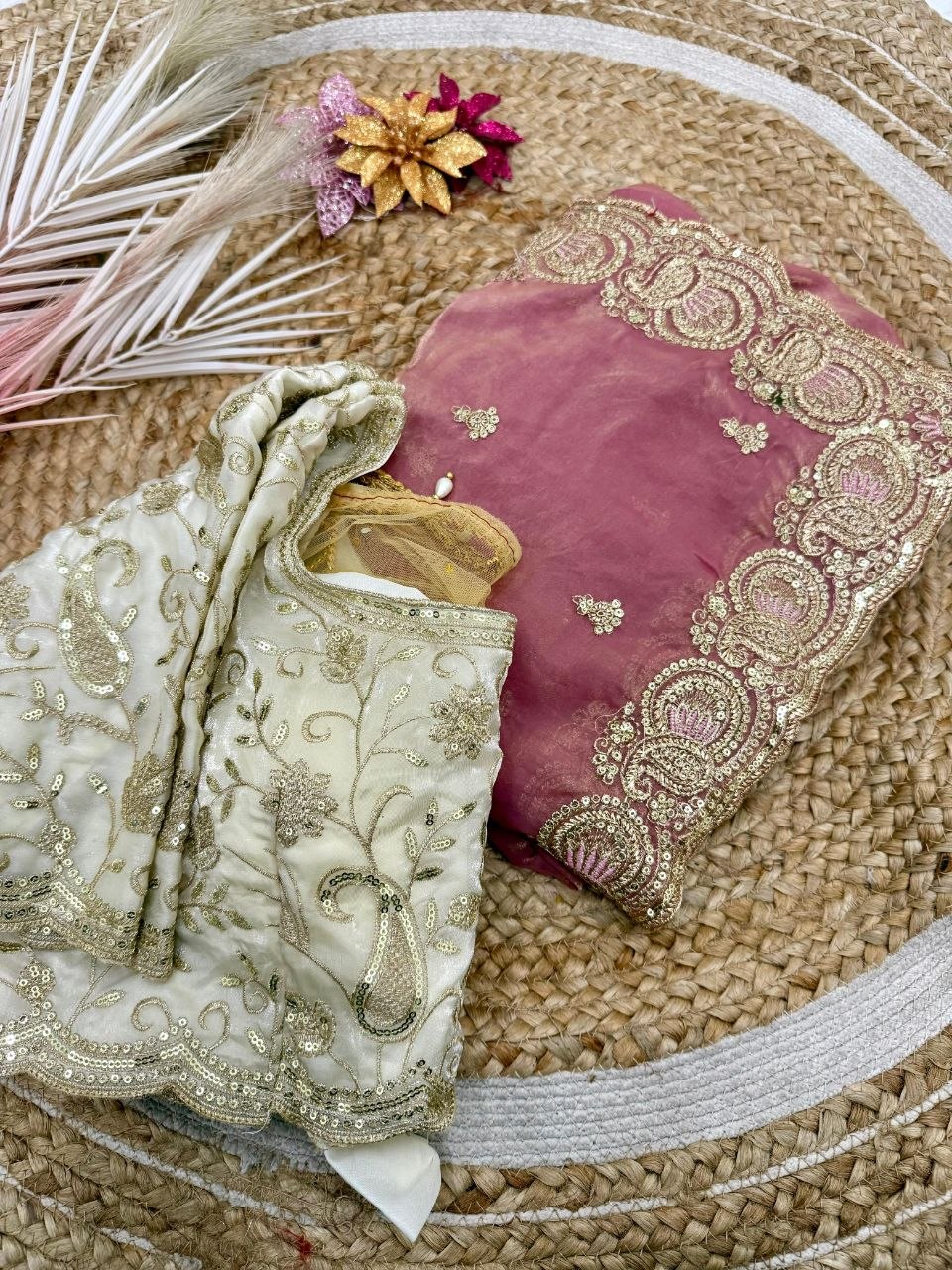 Party Wear Soft space silk  Satin Saree with heavy embroidery sequence Work Sare